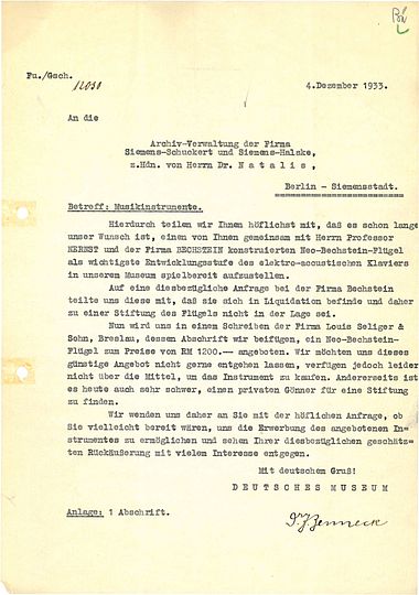 Brief: Deutsches Museum an die Firma Siemens 4.12.1933 (Deutsches Museum, Archiv, VA 1770/3).