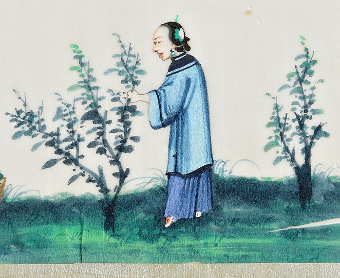 Detail der Malerei zeigt Mann beim ernten von Pflanzen.