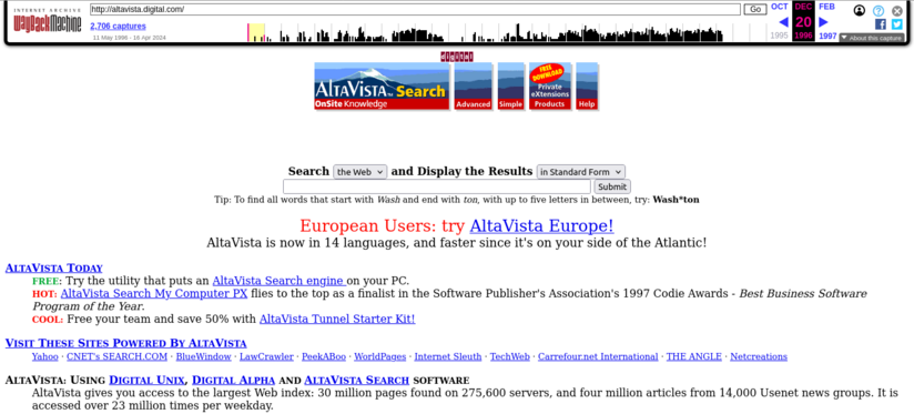 Screenshot der Wayback Machine-Archivseite vom 20. Dezember 1996, die die frühe AltaVista-Startseite zeigt: oben die Wayback-Maschine-Leiste mit URL-Eingabefeld und einem Balkendiagramm der Snapshots; mittig das alte AltaVista-Logo mit mehreren kleinen grafischen Tabs (Search, Advanced, Simple, Help) und ein Suchfeld mit Dropdowns und einem Submit-Button; hervorgehobener roter Linktext „European Users: try AltaVista Europe!“; darunter Abschnitte mit blauen Hyperlinks und kurzen Beschreibungen wie „AltaVista Today“ und „Visit These Sites Powered By AltaVista“, sowie ein Textblock, der Zugriffsstatistiken (30 million pages, 275,600 servers) und Hinweise zu Digital Unix/Alpha und AltaVista Search enthält. Die Seite hat weißes Hintergrundlayout, serifenlose und serifenbetonte Schriftarten in verschiedenen Farben (schwarz, blau, rot) und ein typisches 1990er-Webdesign.