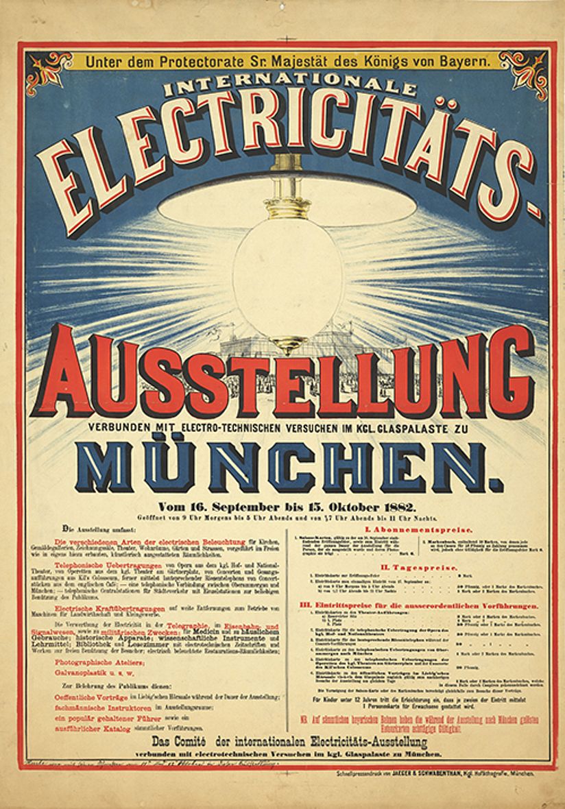 Plakat der Elektrizitätsausstellung in München, 1881.