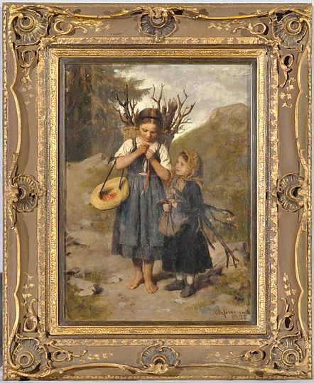 Foto des Gemäldes "Zwei Mädchen beim Holzsammeln im Gebirge" von Franz von Defregger, Öl auf Leinwand 1872. Deutsches Museum, Inventar-Nr. 1995-213.