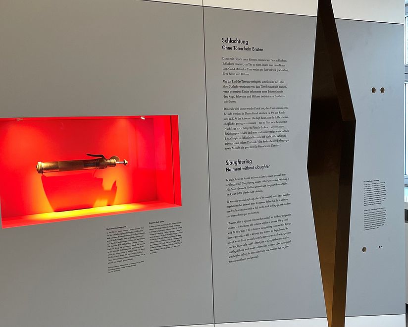 Ausstellungswand zum Thema "Schlachtung". Zu sehen ist auch ein Bolzenschussapparat.