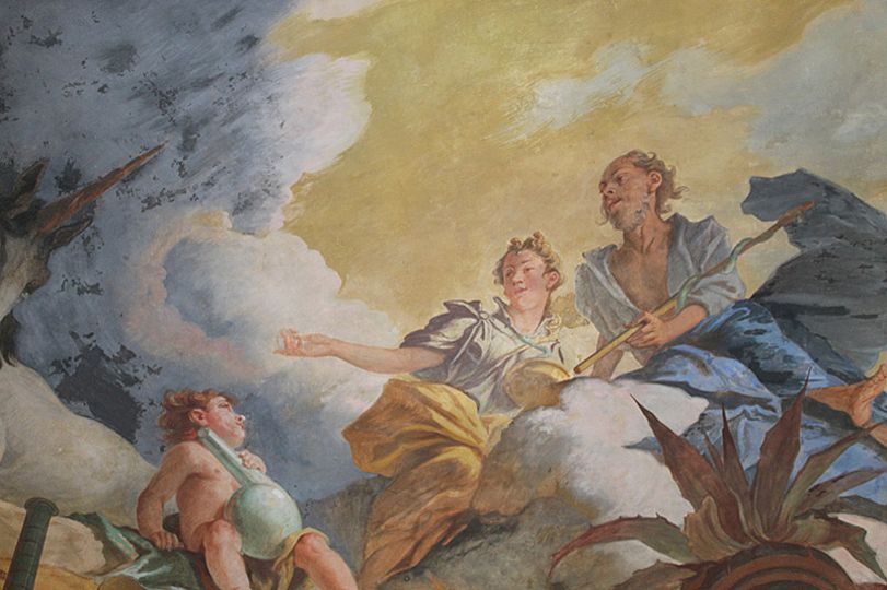 Das Deckengemälde zeigt Asklepios, Gott der Heilkunst, und seine Tochter Hygieia, Göttin der Gesundheit.