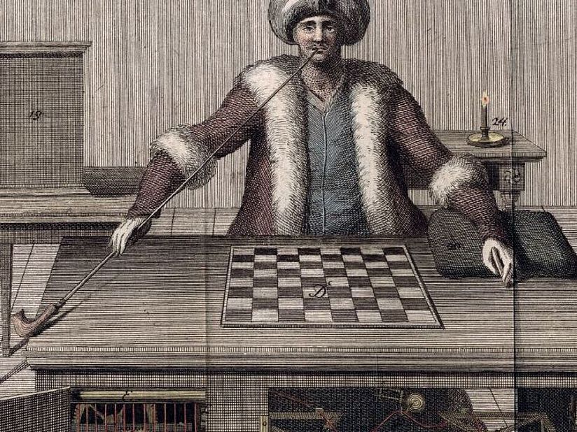 Der Schachtürke von Jospeh von Racknitz (1798) Die Zeichnung zeigt einen Pfeife rauchenden Schachspieler mit Turban.
