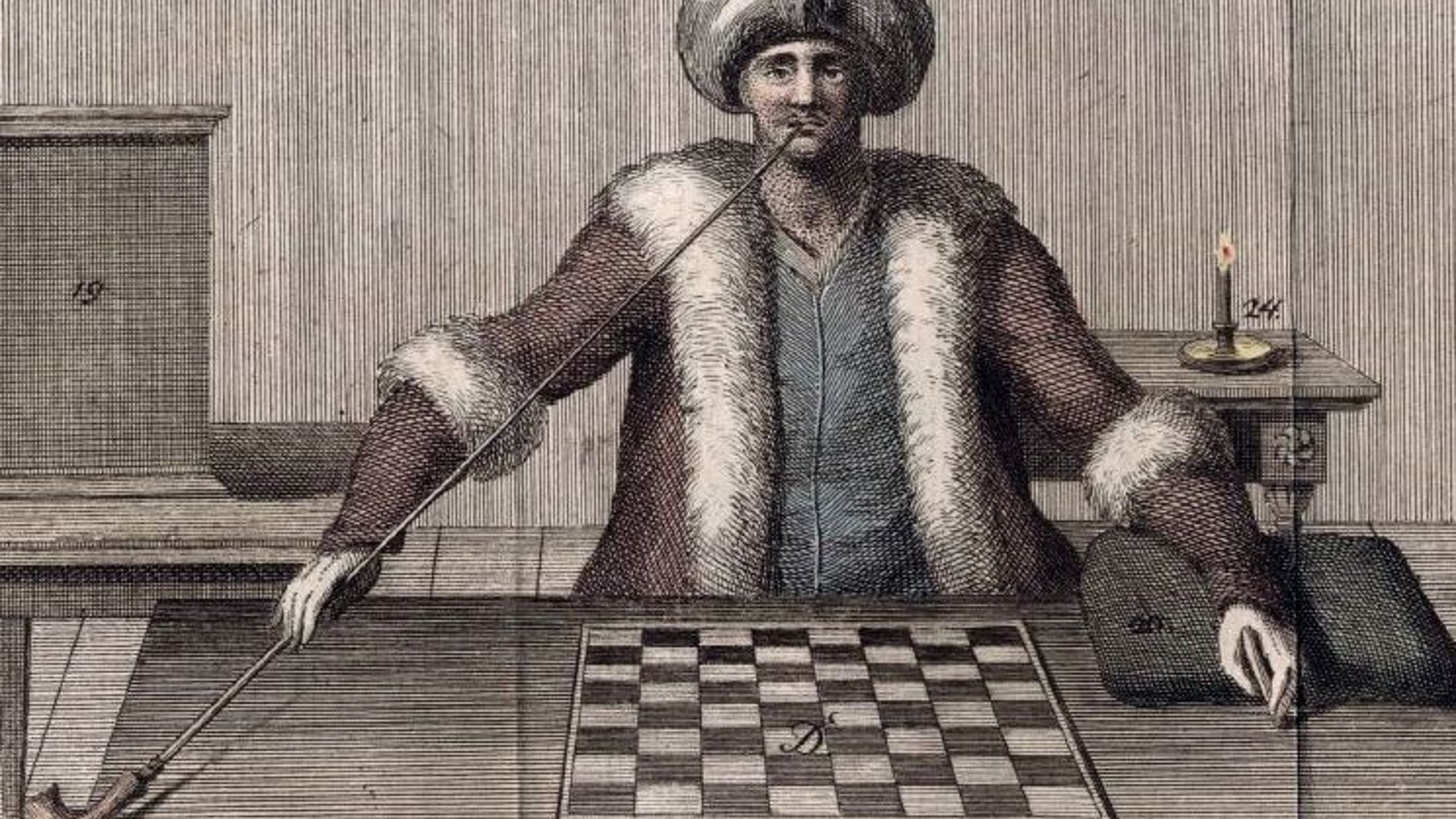 Die Zeichnung zeigt einen Pfeife rauchenden Schachspieler mit Turban.