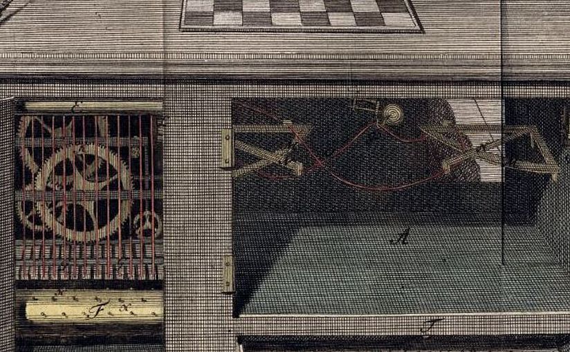 Die Zeichnung zeigt einen Pfeife rauchenden Schachspieler mit Turban.