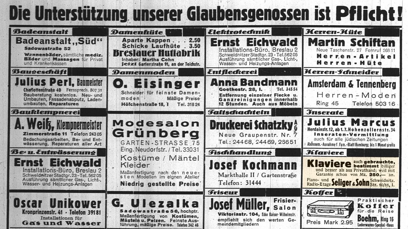 Zeitungsausschnitt: Anzeige im Breslauer Jüdischen Gemeindeblatt, Ausgabe Juni 1933.