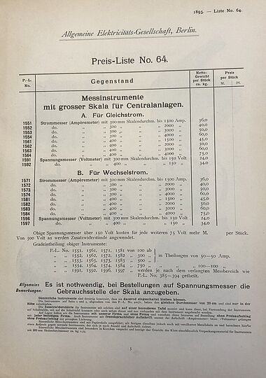 Katalogseite mit Tabelle (oben) und Liste (untere Hälfte). Tabelle enthält Gewicht und unbefüllte Spalte für Preis von Gleichstrom- und Wechselstrom Amperemetern.