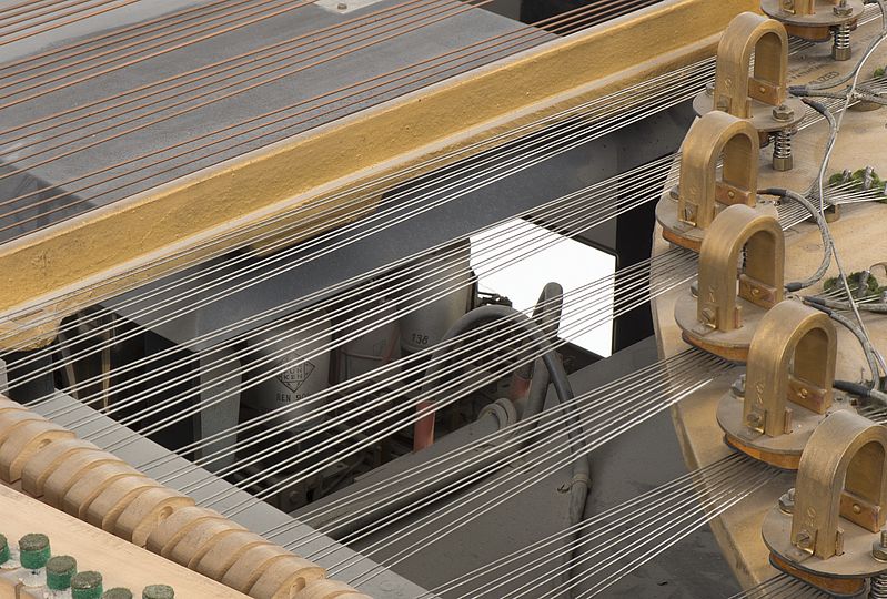 Foto: Innenleben eines Neo-Bechstein: rechts die elektromagnetischen Tonabnehmer, links unter den Saiten sind Teile des Verstärkers zu sehen (Deutsches Museum, Inv.-Nr. 66339).