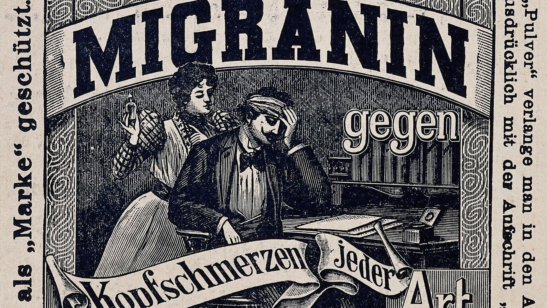 Zeitungswerbung. Zeichnung zeigt Mann mit Kopfschmerzen vor Schreibtisch, Frau hinter ihm stehend hält Fläschchen in der Hand. Migränin als Überschrift.