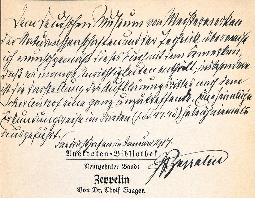 Widmung Zeppelins an das Deutsche Museum.