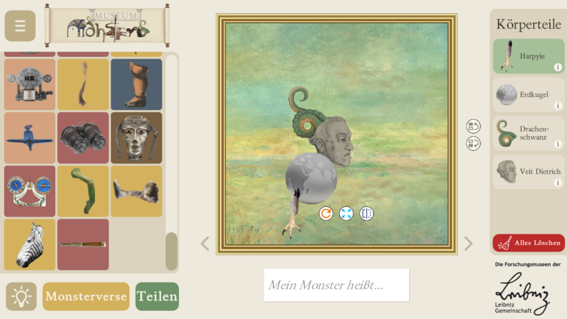 Screenshot von "Museum Monster". Auf der linken Seite befinden sich die Einzelteile, die für sein eigenes Monster benutzt werden kann. In der Mitte befindet sicb das Spielfeld, auf dem das Monster zusammengeabut werden kann. Links davon werden alle benutzten Bauteile aufgelistet.