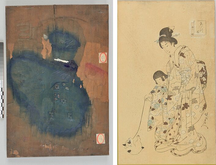Foto: Herstellungsreihe eines japanischen Farbholzschnitts von Yoshu/Toyohara Chikanobu: Frau und Kind spielen mit einem Kätzchen, 1896: Farbdruckplatte 4/7 (Vorderseite) mit Abdruck 5/24. Deutsches Museum, Inventar-Nrn. 36095/36096.