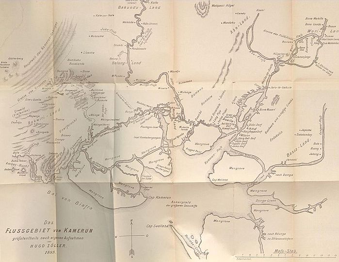 Landkarte: Das Flussgebiet von Kamerun mit dem Siedlungsgebiet der Duala 1885. Aus Zöller 1885: Das Flußgebiet von Kamerun.