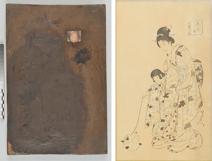 Foto: Herstellungsreihe eines japanischen Farbholzschnitts von Yoshu/Toyohara Chikanobu: Frau und Kind spielen mit einem Kätzchen, 1896: Farbdruckplatte 3/7 (Rückseite) mit Abdruck 4/24. Deutsches Museum, Inventar-Nrn. 36095/36096.
